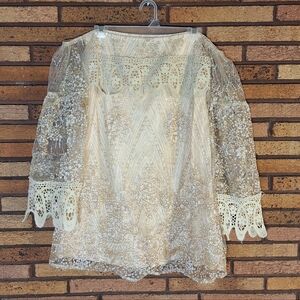 Southern Fried Chics Small Cream And Gold Sheer And Lace Blouse